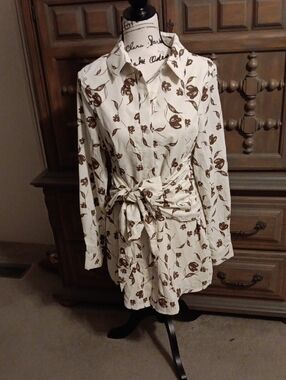 Cream Floral Button-Front Tie-Waist Shirt Dress